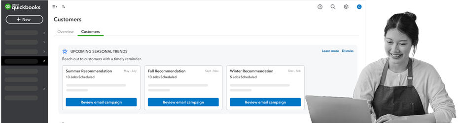 QuickBooks customers page suggesting seasonal email campaigns, beside a smiling small business owner at a laptop